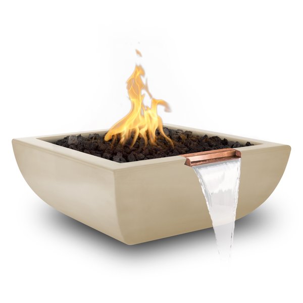 The Outdoor Plus 24 Square Avalon Fire & Water Bowl - GFRC Concrete - Vanilla - Match Lit - Natural Gas OPT-AVLFW24-VAN-NG